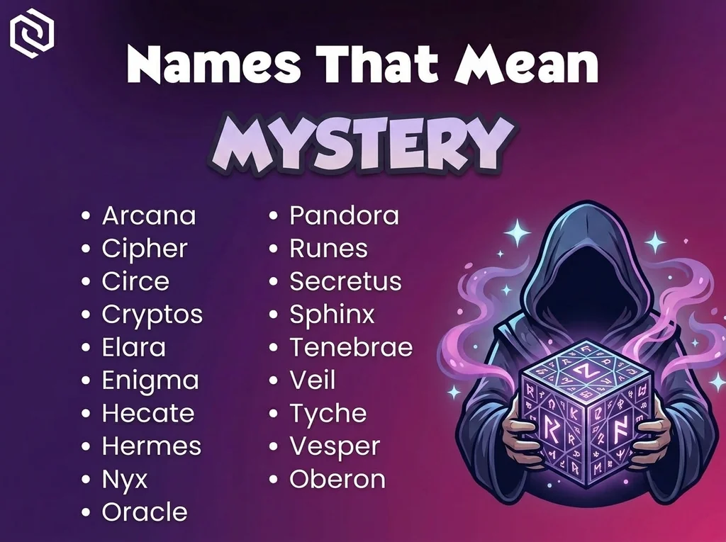 Infographic of baby names that mean mystery: Arcana, Cipher, Veil and Enigma