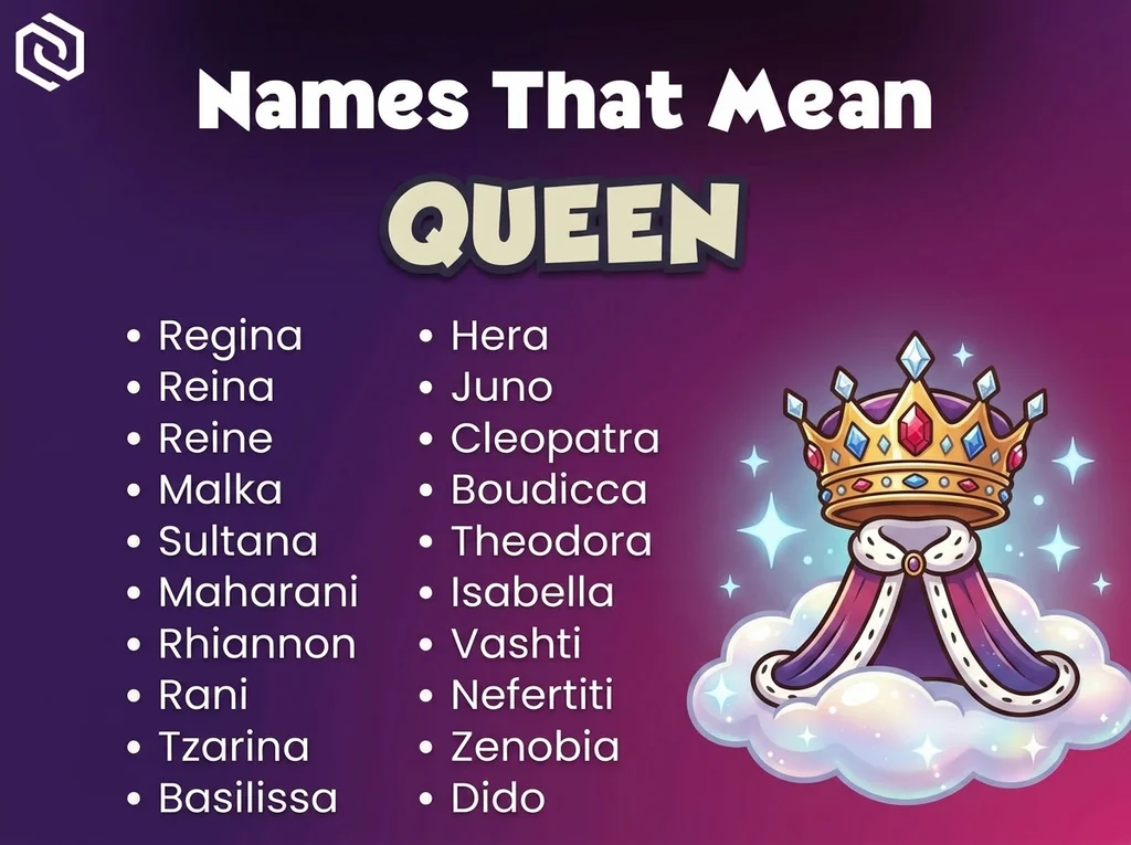 Infographic of baby names that mean queen: Regina, Hera, Reina and Juno