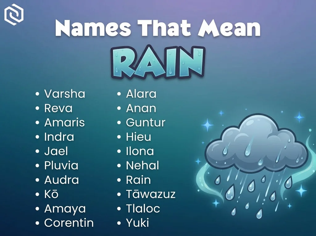 Infographic of baby names that mean rain: Varsha, Reva, Indra and Pluvia