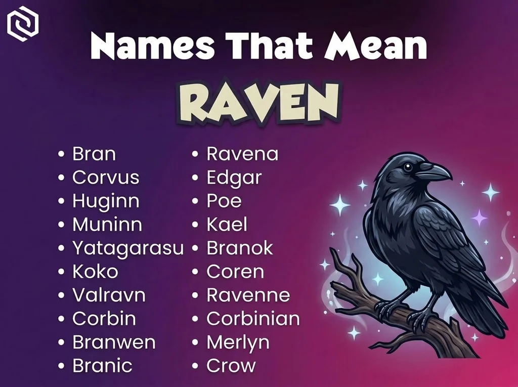 Infographic of baby names that mean raven: Bran, Corvus, Corbin and Corbinian