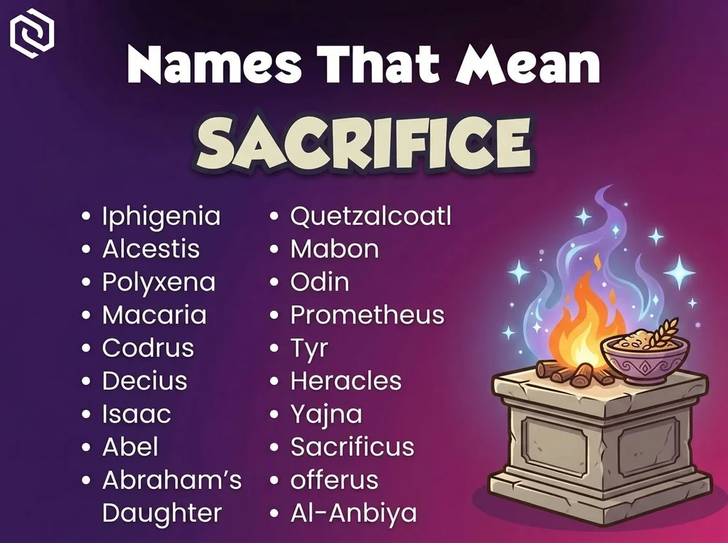 Infographic of baby names that mean sacrifice: Iphigenia, Polyxena, Isaac and Quetzalcoatl