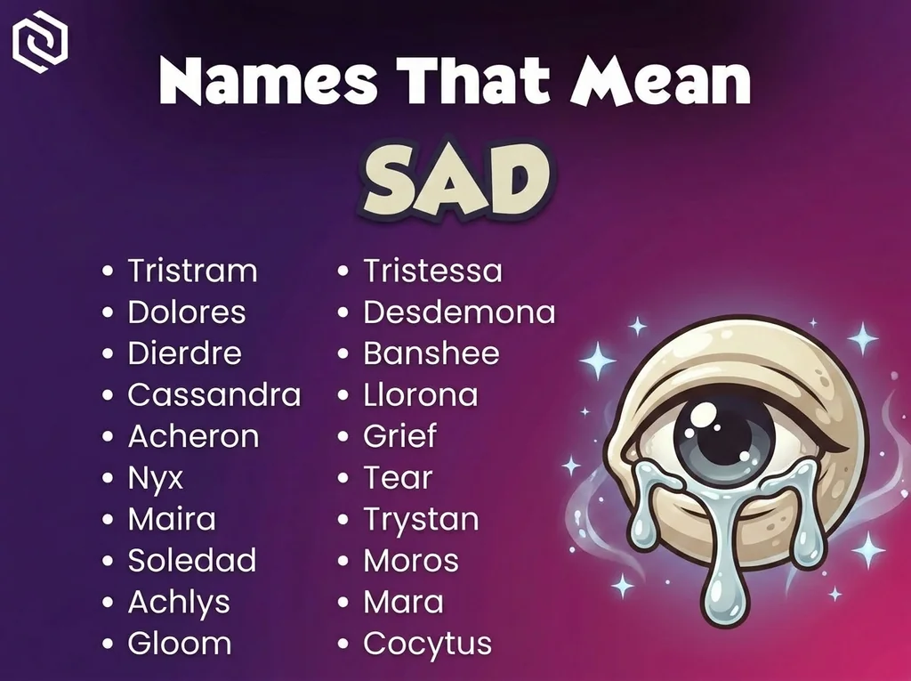 Infographic of baby names that mean sad: Dolores, Desdemona, Cassandra and Llorona