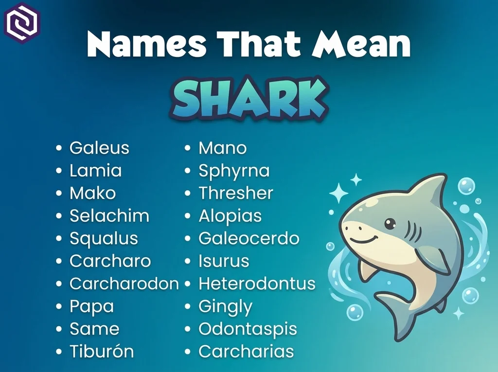 Infographic of baby names that mean shark: Mano, Same, NamesThatMean and Galeus