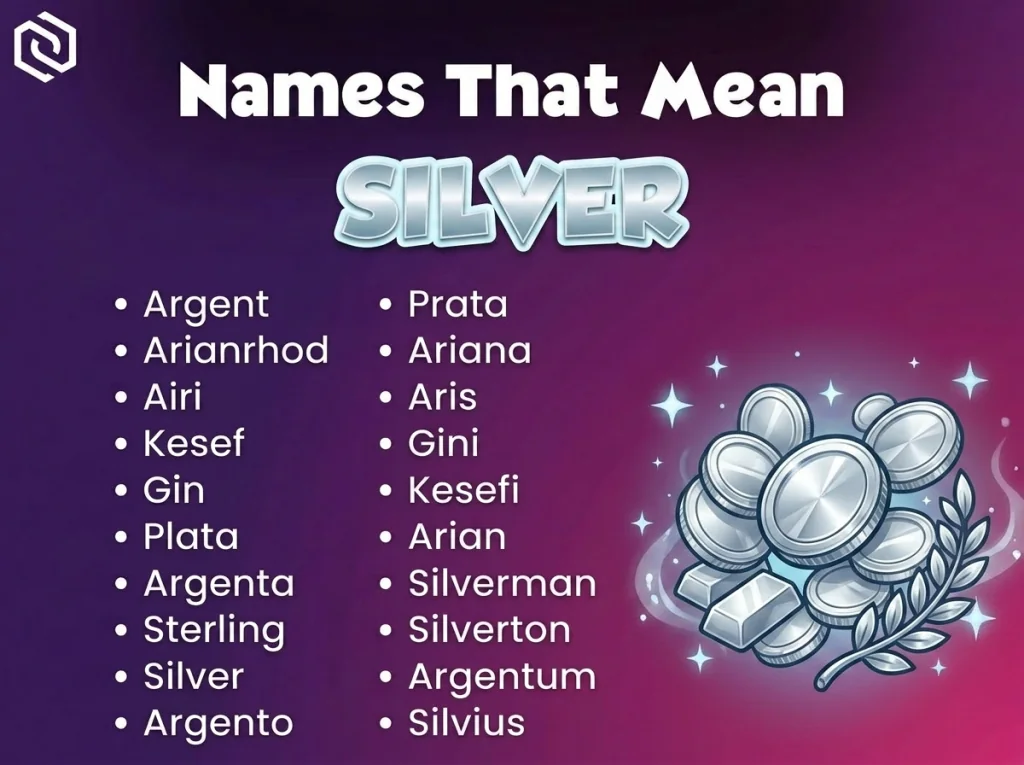 Infographic of baby names that mean silver: Argent, Arianrhod, Kesef and Gin