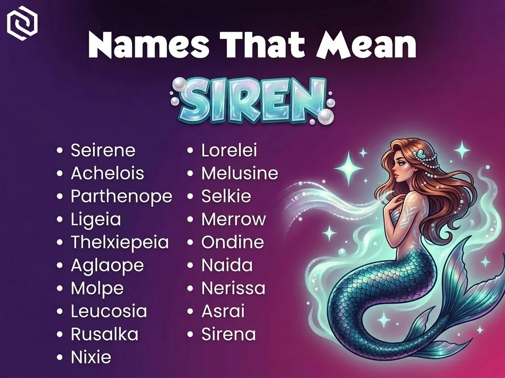 Infographic of baby names that mean siren: Lorelei, Melusine, Parthenope and Ligeia