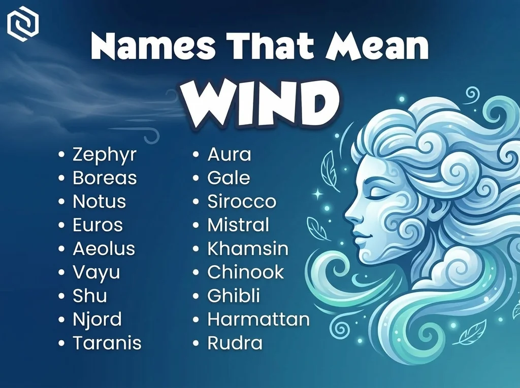 Infographic of boy names that mean wind: Zephyr, Aura, Boreas and Gale