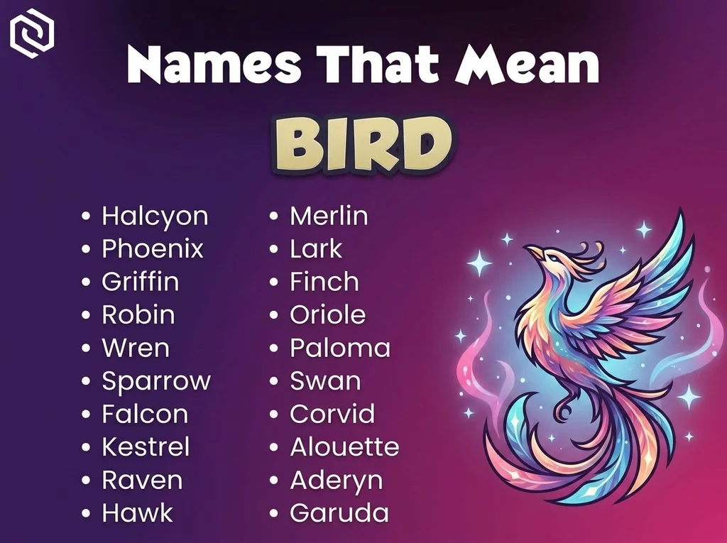 Infographic of baby names that mean bird: Phoenix, Lark, Robin and Wren