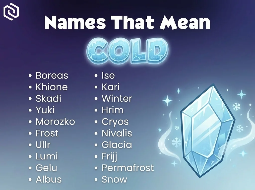 Infographic of baby names that mean cold: Boreas, Khione, Winter and Yuki