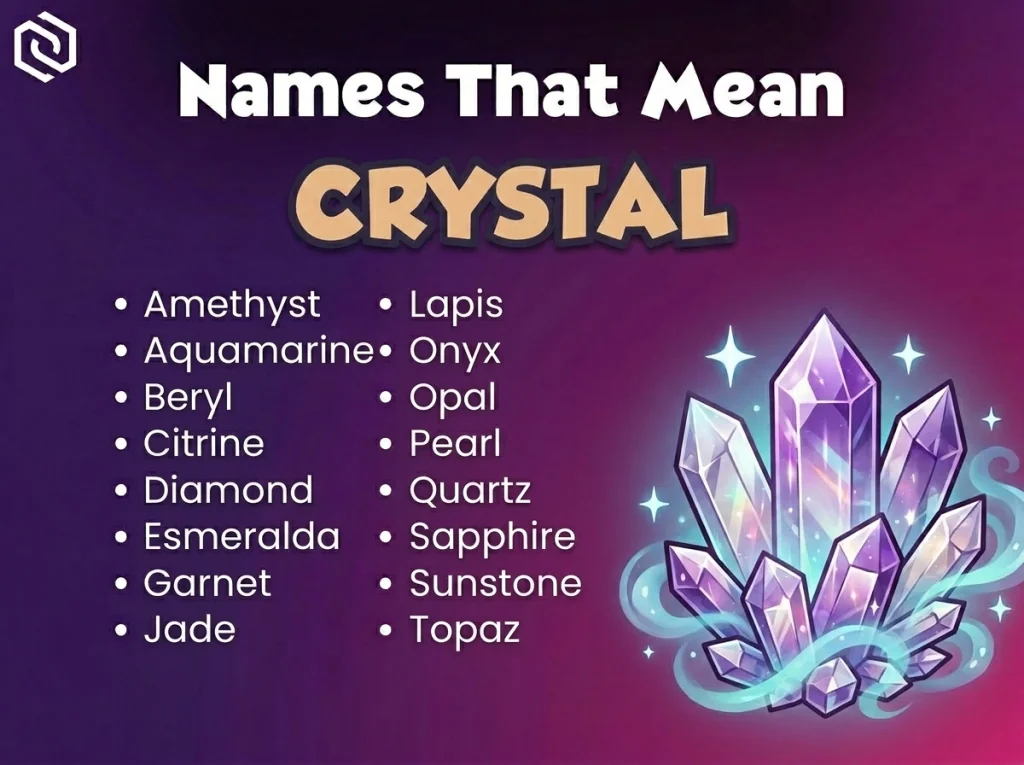 Infographic of baby names that mean crystal: Amethyst, Beryl, Opal and Pearl