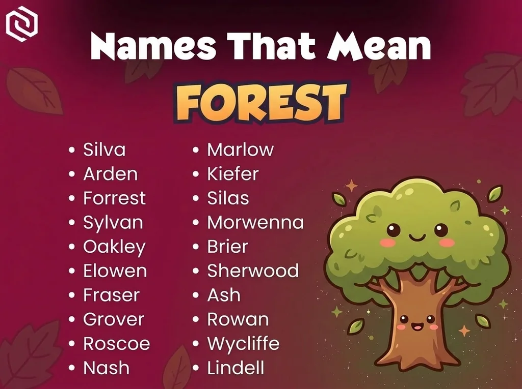 Infographic of baby names that mean forest: Silva, Arden, Forrest and Oakley