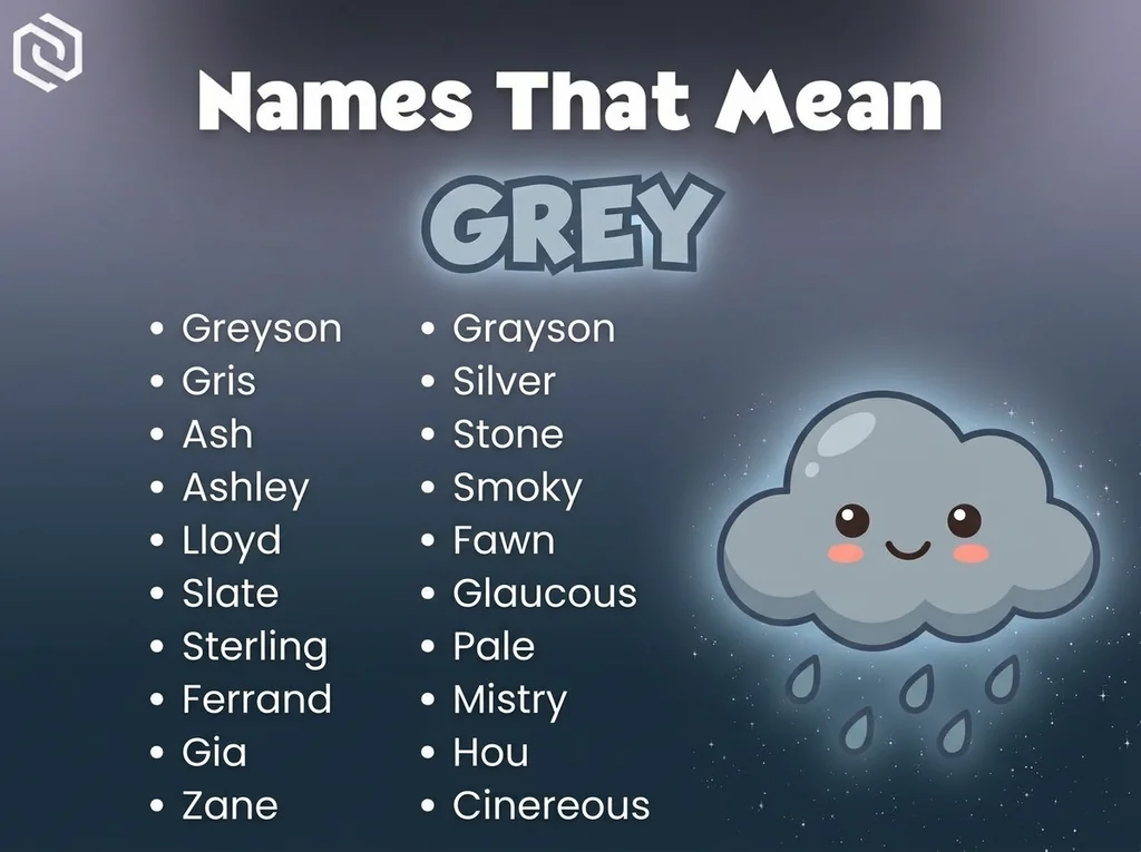 Infographic of baby names that mean grey: Greyson, Gris, Silver and Ash