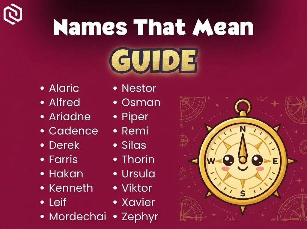 Infographic of baby names that mean guide: Alaric, Nestor, Alfred and Osman