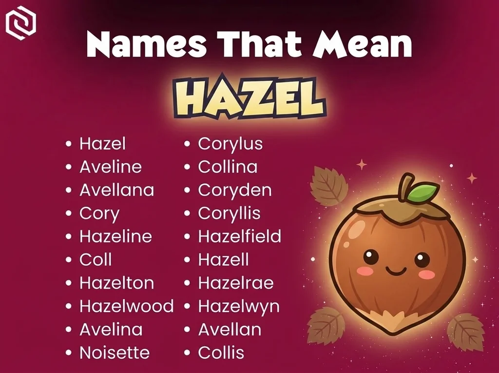 Infographic of baby names that mean hazel: Corylus, Aveline, Avellana and Hazeline