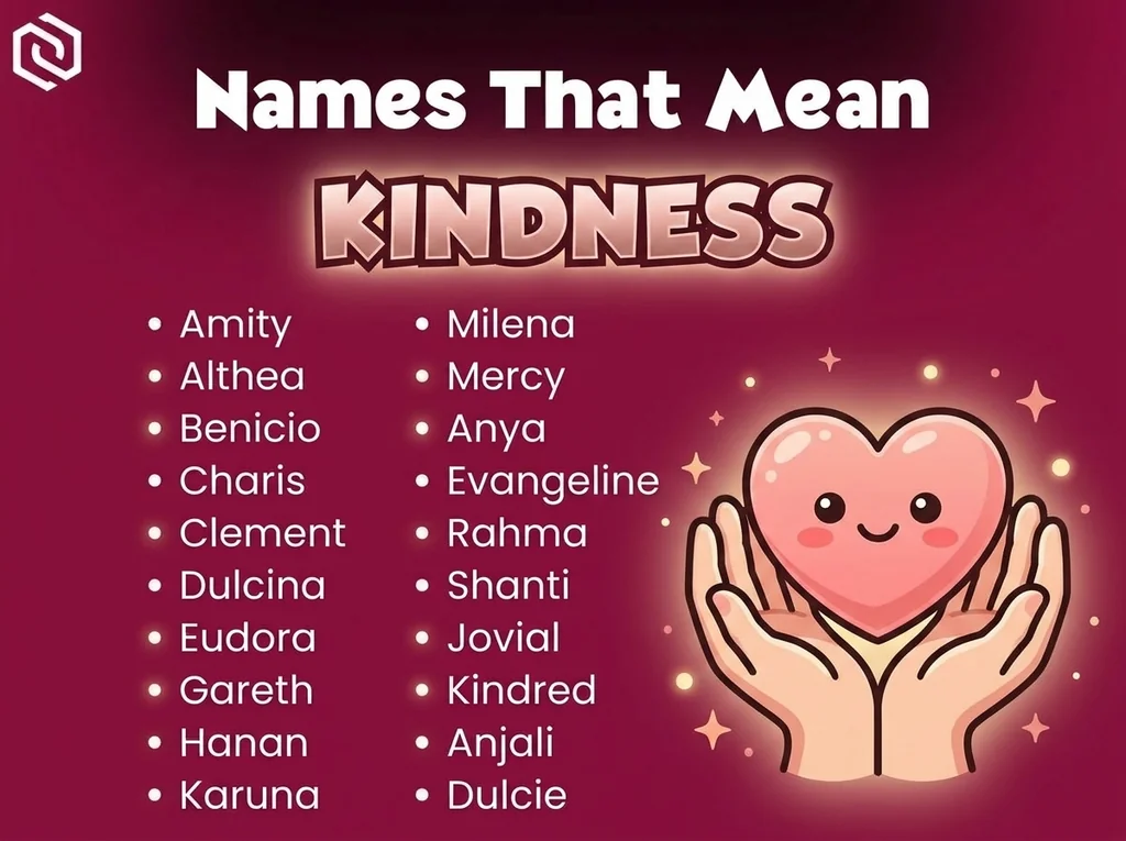 Infographic of baby names that mean kindness: Charis, Clement, Karuna and Amity