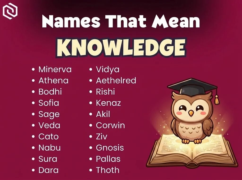 Infographic of baby names that mean knowledge: Minerva, Vidya, Athena and Bodhi