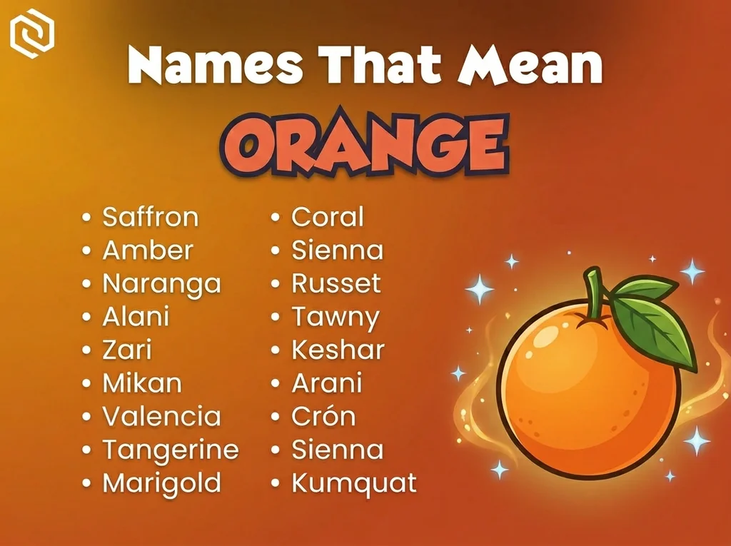 Infographic of baby names that mean orange: Saffron, Coral, Amber and Sienna