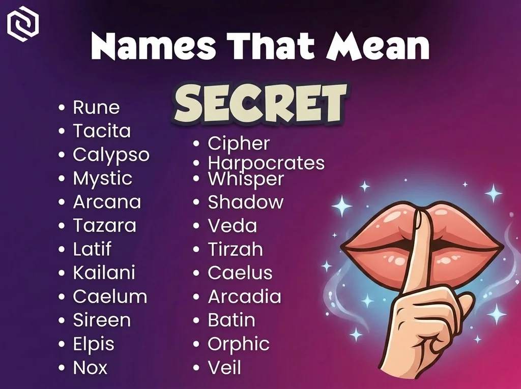 Infographic of baby names that mean secret: Rune, Cipher, Whisper and Arcana