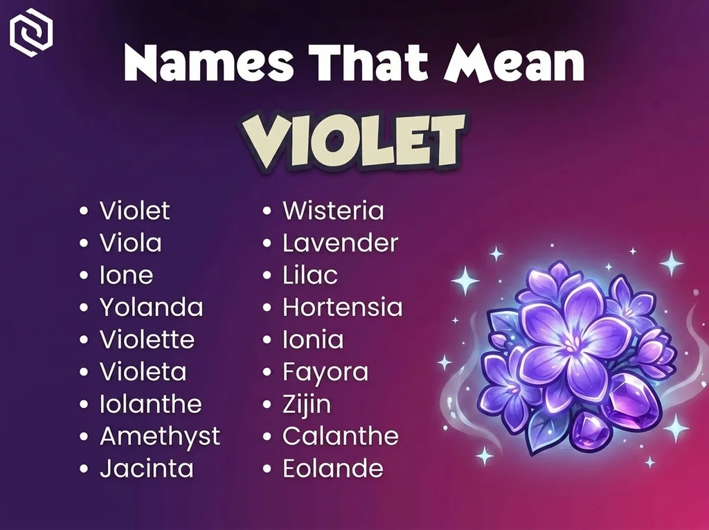 Infographic of baby names that mean violet: Viola, Yolanda, Violeta and Wisteria