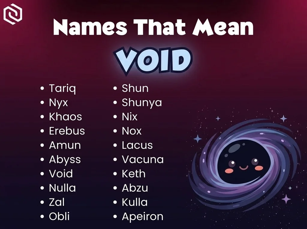 Infographic of baby names that mean void: Khaos, Erebus, Abzu and Tariq