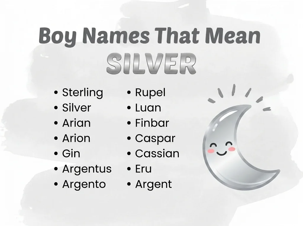 Infographic of boy names that mean silver: Sterling, Gin, Argent and Rupel