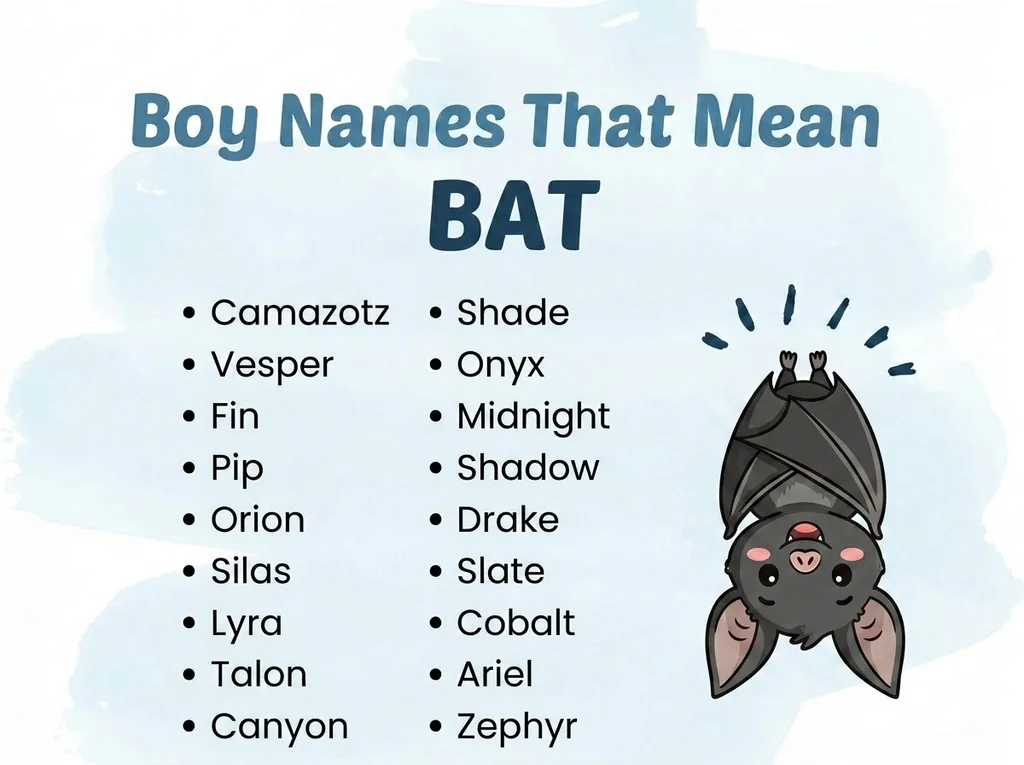 Infographic of boy names that mean bat: Vesper, Onyx, Shadow and Talon