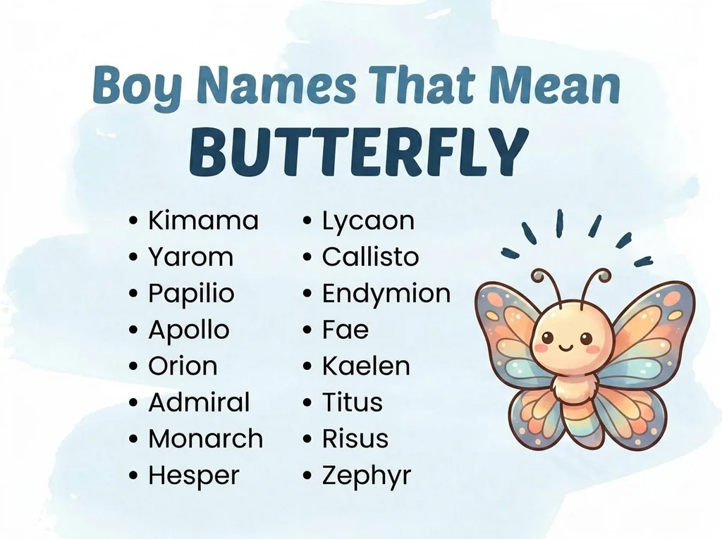 Infographic of boy names that mean butterfly: Kimama, Papilio, Lycaon and Yarom