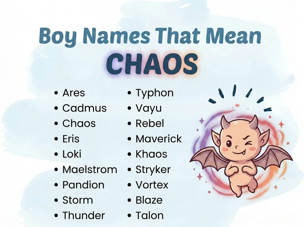 Infographic of boy names that mean chaos: Ares, Typhon, Eris and Loki