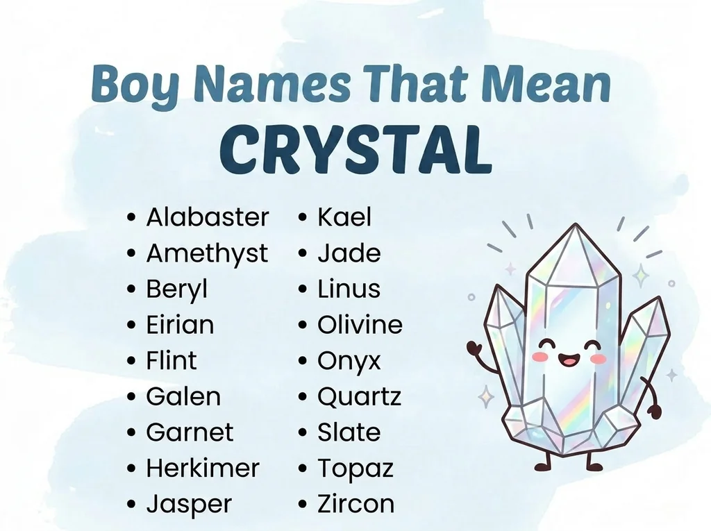 Infographic of boy names that mean crystal: Amethyst, Jade, Beryl and Flint