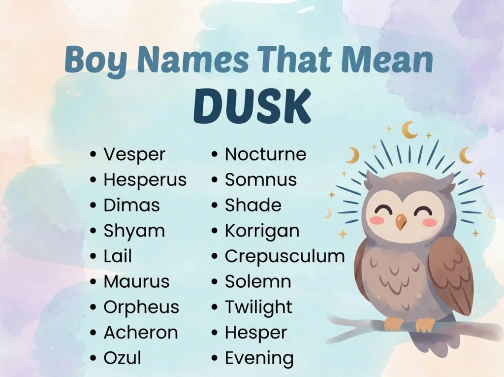 Infographic of boy names that mean dusk: Vesper, Hesperus, Twilight and Hesper
