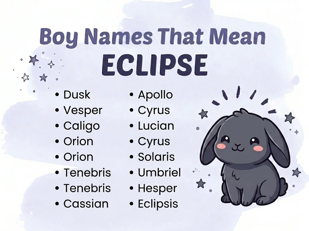 Infographic of boy names that mean eclipse: Apollo, Vesper, Cyrus and Caligo