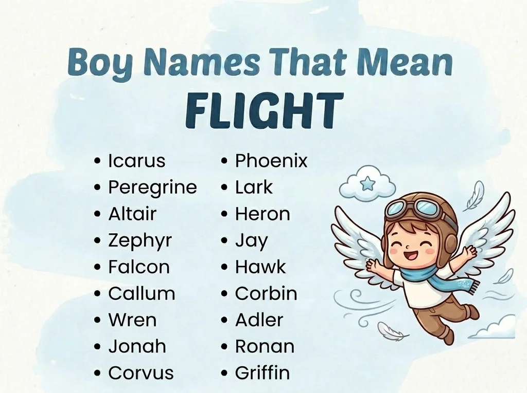 Infographic of boy names that mean flight: Phoenix, Peregrine, Lark and Altair