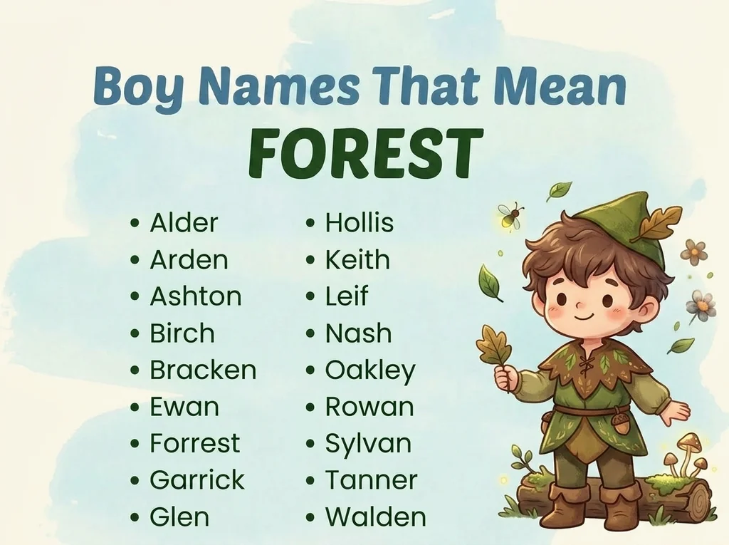 Infographic of boy names that mean forest: Alder, Hollis, Arden and Birch