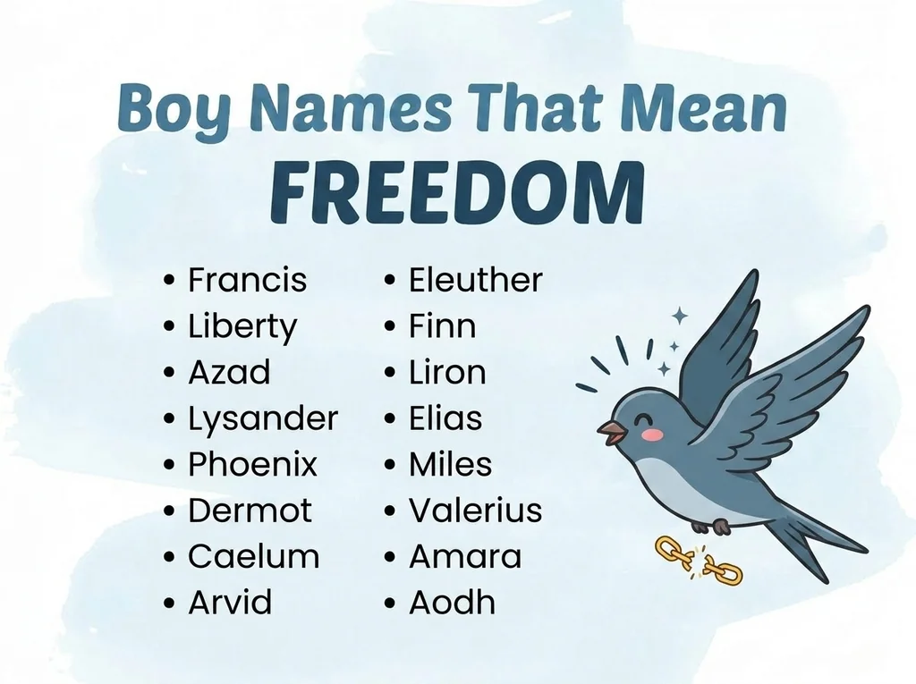 Infographic of boy names that mean freedom: Francis, Liberty, Azad and Eleuther