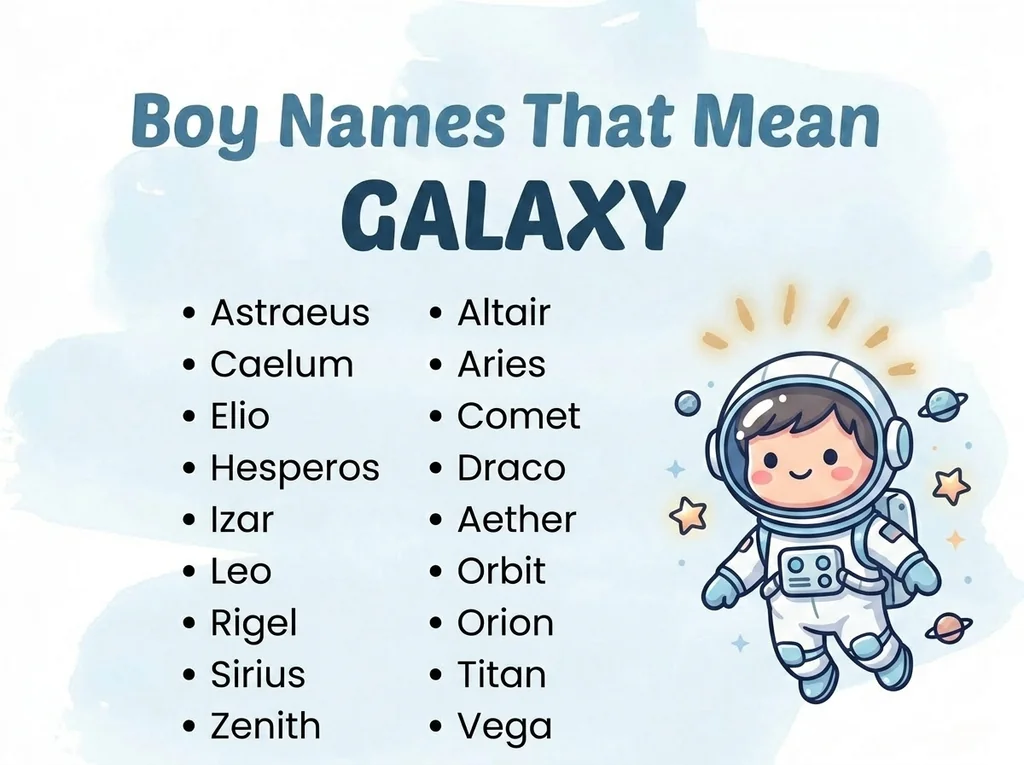 Infographic of boy names that mean galaxy: Altair, Caelum, Aries and Draco