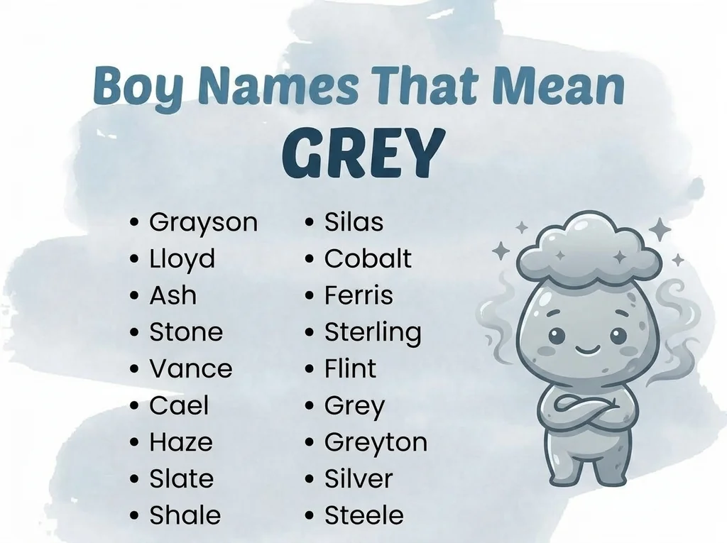 Infographic of boy names that mean grey: Lloyd, Flint, Slate and Silver