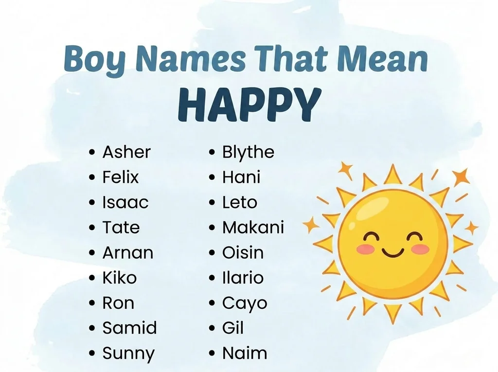 Infographic of boy names that mean happy or joy: Asher, Blythe, Felix and Tate