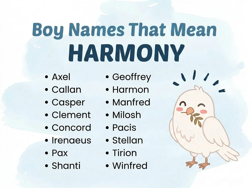 Infographic of boy names that mean harmony: Manfred, Concord, Axel and Geoffrey