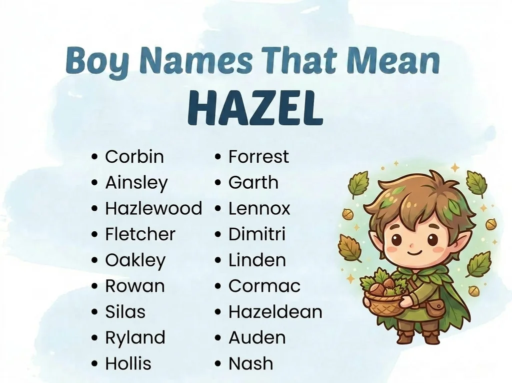Infographic of boy names that mean hazel: Forrest, Ainsley, Garth and Fletcher