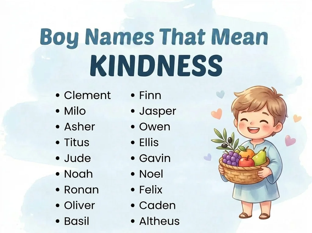 Infographic of boy names that mean kindness: Clement, Asher, Noel and Felix