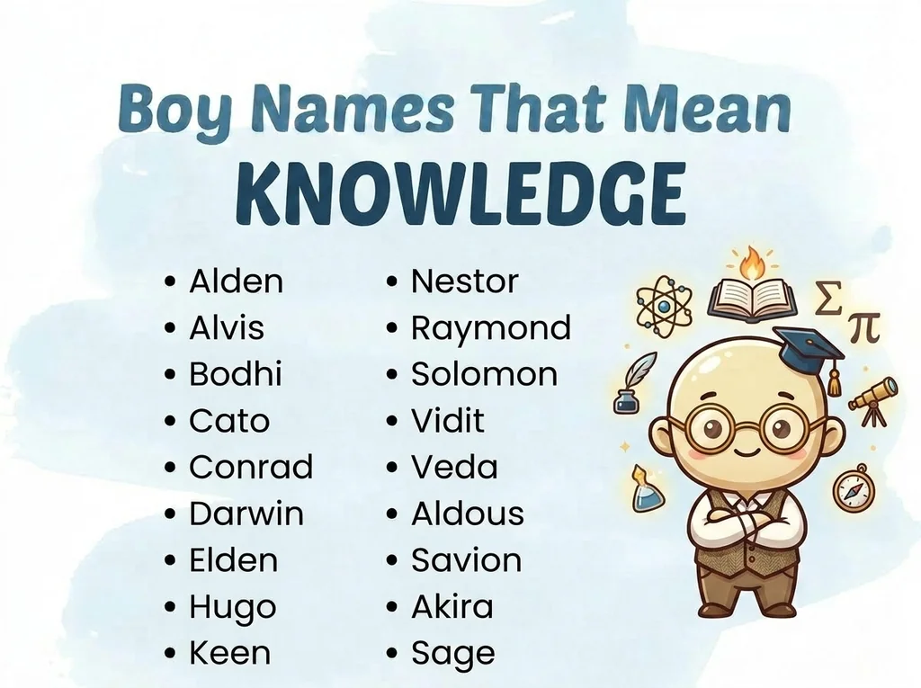 Infographic of boy names that mean knowledge: Alden, Raymond, Bodhi and Cato