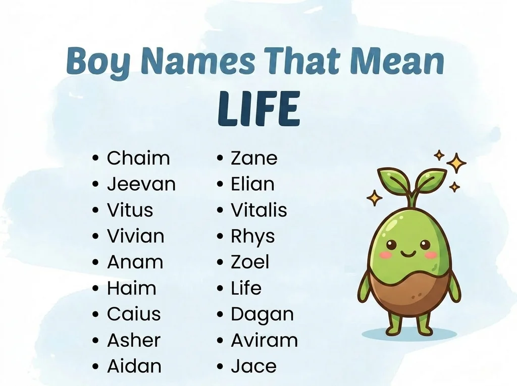 Infographic of boy names that mean life: Chaim, Vitus, Vivian and Asher