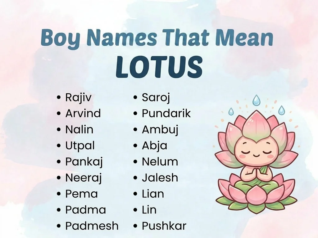 Infographic of boy names that mean lotus: Saroj, Pundarik, Nalin and Ambuj