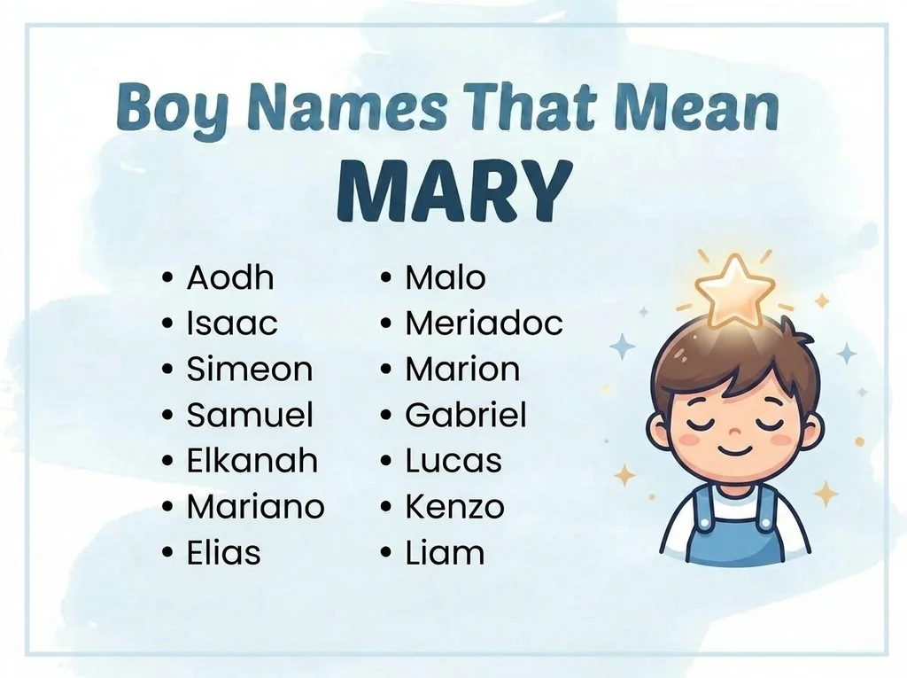 Infographic of boy names that mean Mary: Mariano, Aodh, Malo and Meriadoc