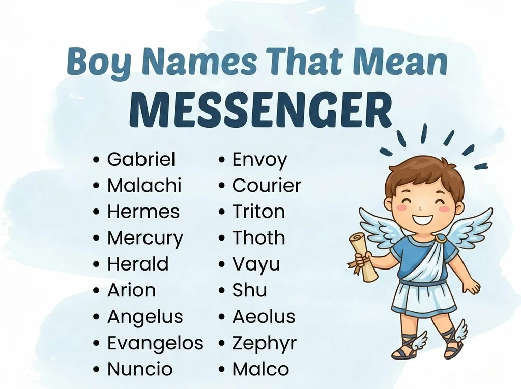 Infographic of boy names that mean messenger: Gabriel, Malachi, Hermes and Angelus