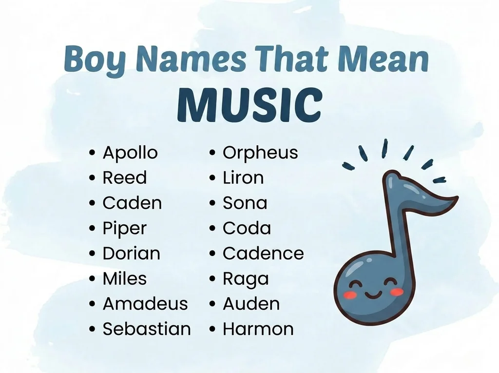 Infographic of boy names that mean music: Apollo, Orpheus, Piper and Cadence