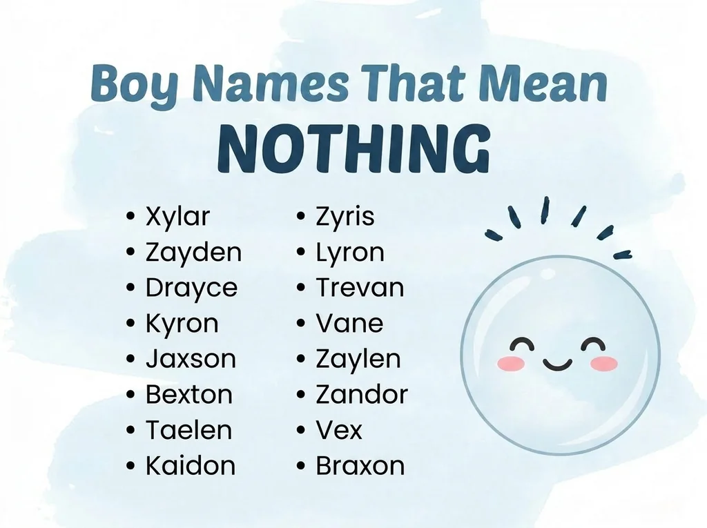 Infographic of boy names that mean nothing: Xylar, Zyris, Zayden and Lyron