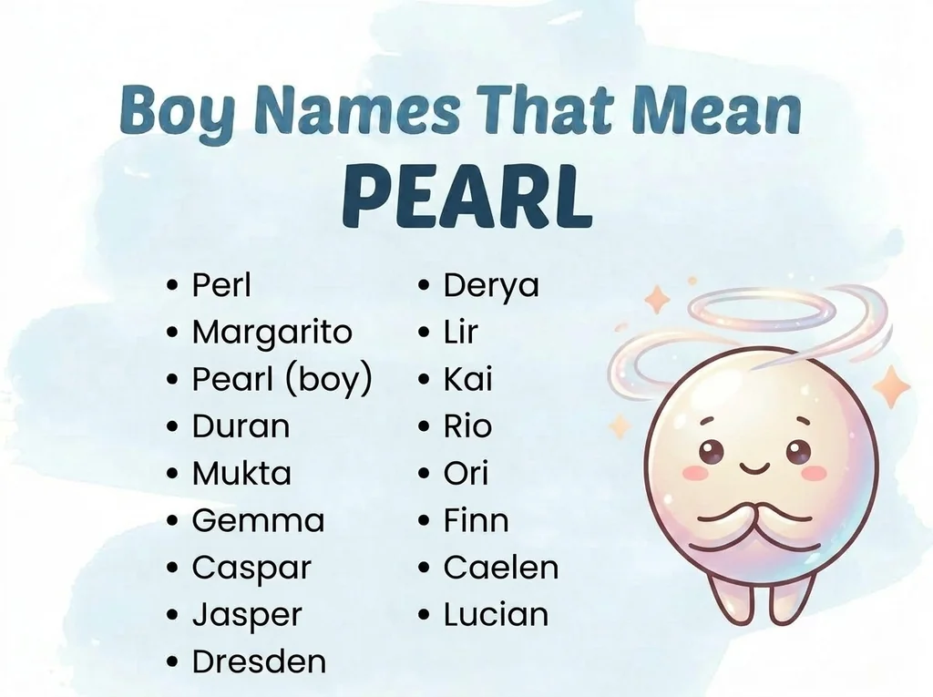 Infographic of boy names that mean pearl: Mukta, Perl, Derya and Margarito