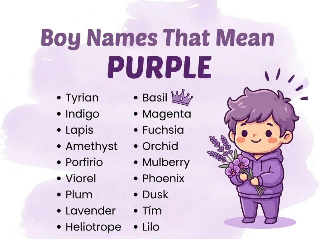 Infographic of boy names that mean purple: Indigo, Amethyst, Porfirio and Lavender