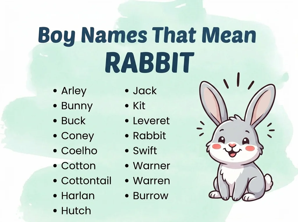 Infographic of boy names that mean rabbit: Coney, Jack, Arley and Bunny