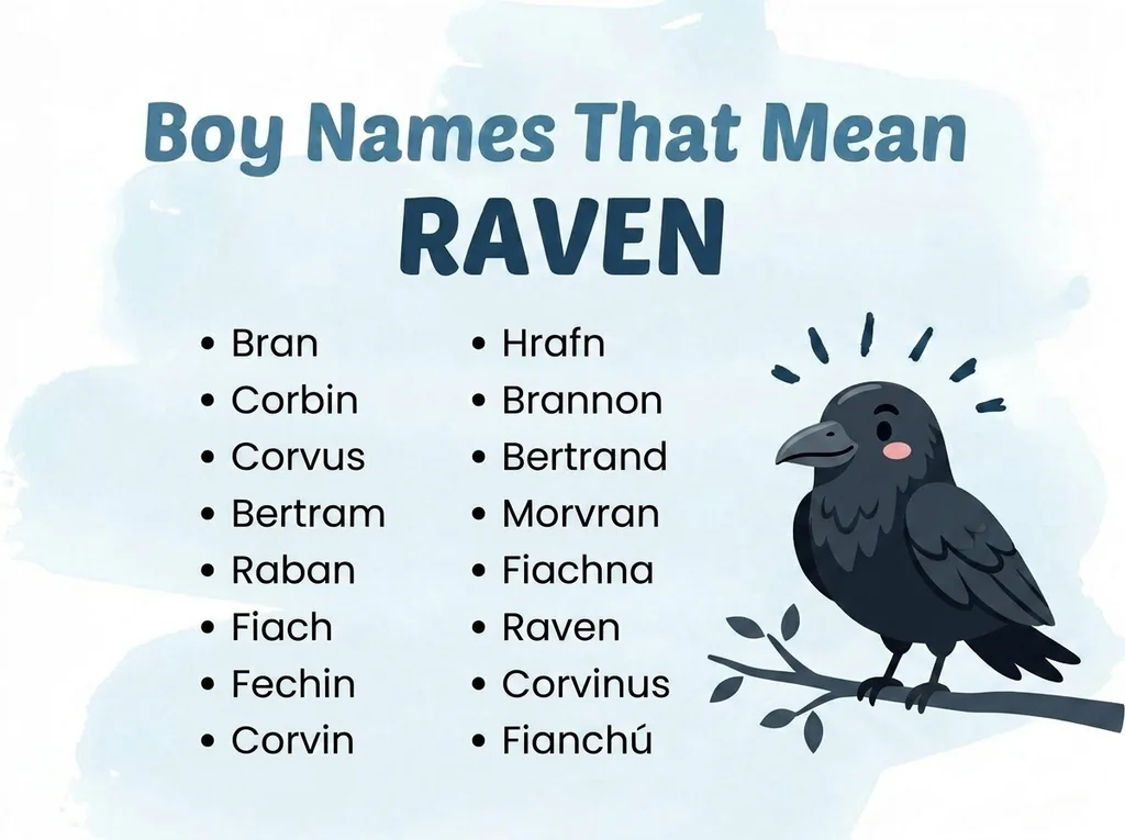 Infographic of boy names that mean raven: Hrafn, Bran, Corbin and Corvus